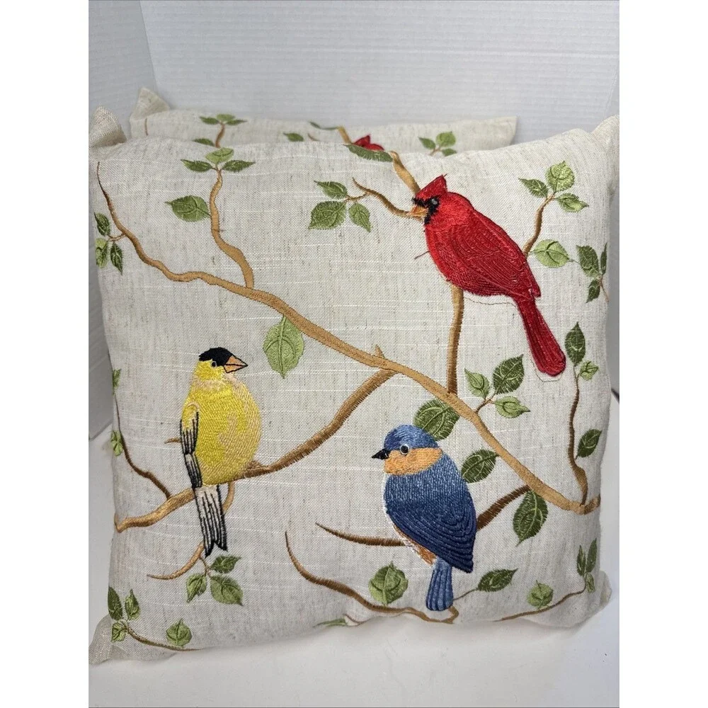 Birds On Branch Decorative Throw Pillows Embroidered Cardinal, Blue, Yellow Bird